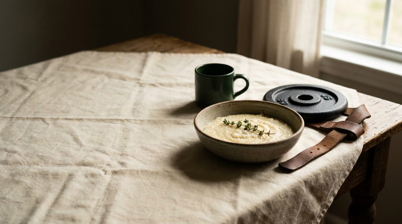 A bowl of grits beside a cast-iron weight plate on warm cream linen