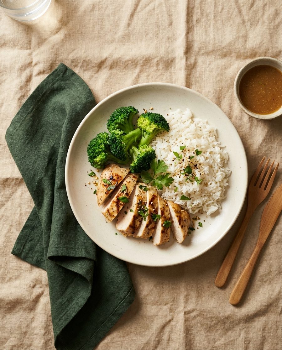 A plate of grilled chicken, jasmine rice and broccoli being scanned