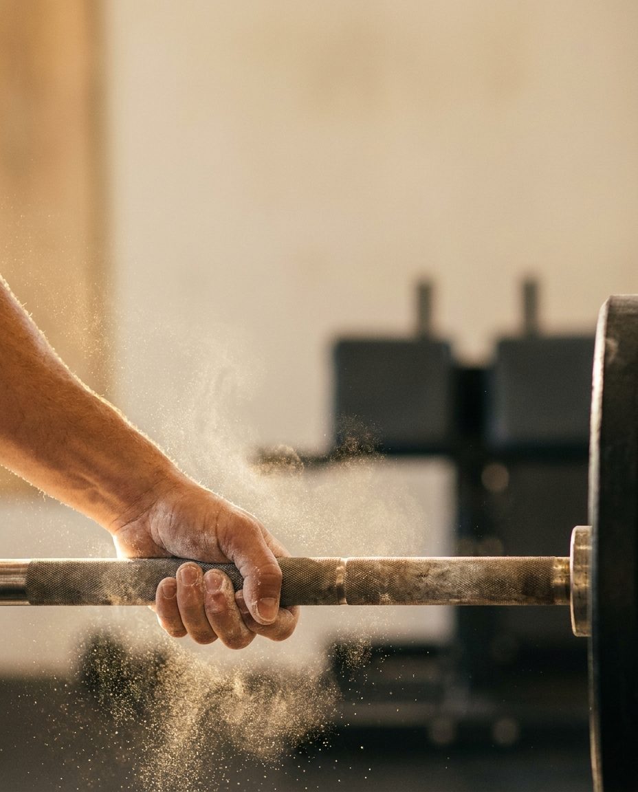 A chalked hand gripping the knurling of a loaded barbell in warm light